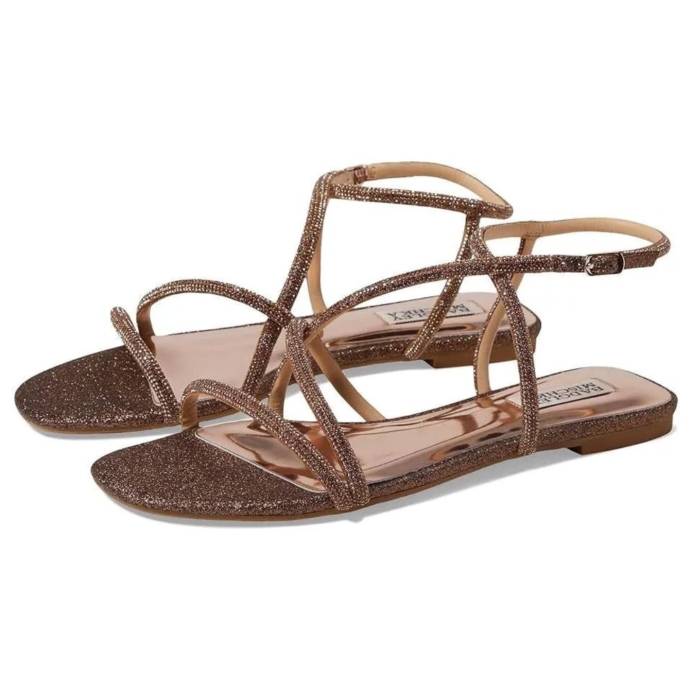 Badgley‎ Mischka Ivie Women's Rose Gold Glitter Crystal Ankle Strap Sandals  6.5